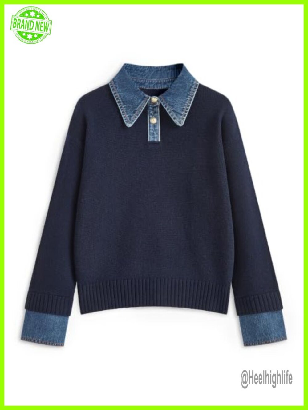 Oversized Knit Sweater Denim Polo Collar Ribbed Cuff Pullover